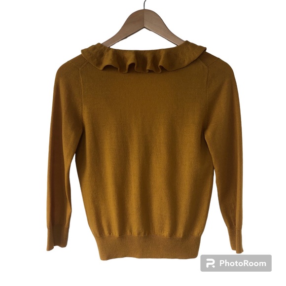 J CREW Factory Mustard Yellow/Gold Wool Ruffle Collar Cardigan Sweater - Picture 3 of 13